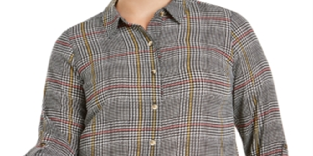 Charter Club Women's Plus Roll Sleeve Plaid Shirt Black  Size 3XL