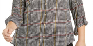 Charter Club Women's Plus Roll Sleeve Plaid Shirt Black  Size 3XL