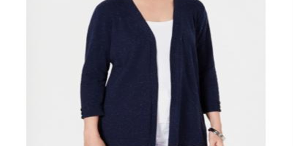 Karen Scott Women's Ribbed Yoke Cardigan Sweater Blue Size Small