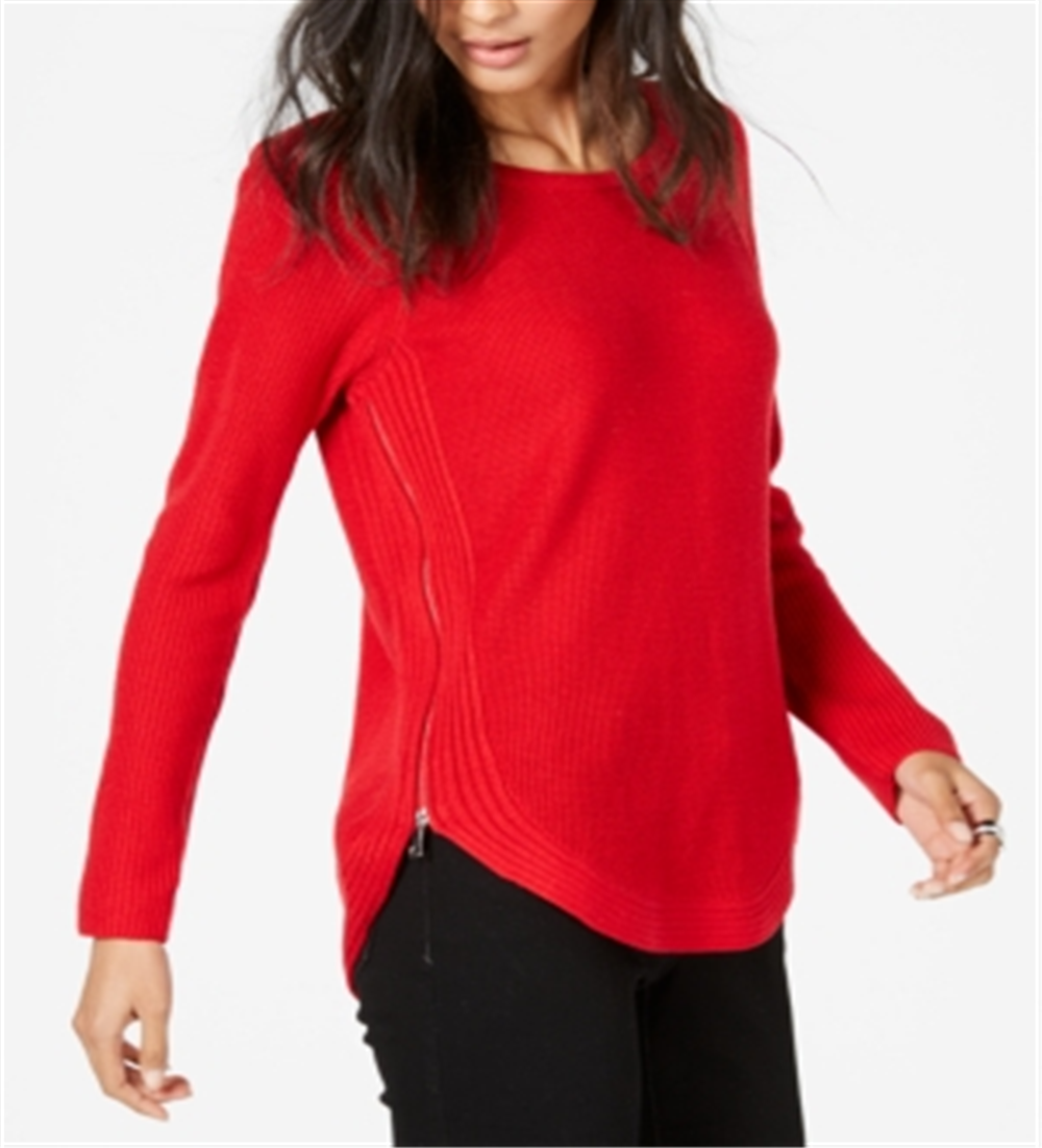 INC International Concepts Women's Waffle Knit Side Zip Tunic Sweater Red Size Petite S/M