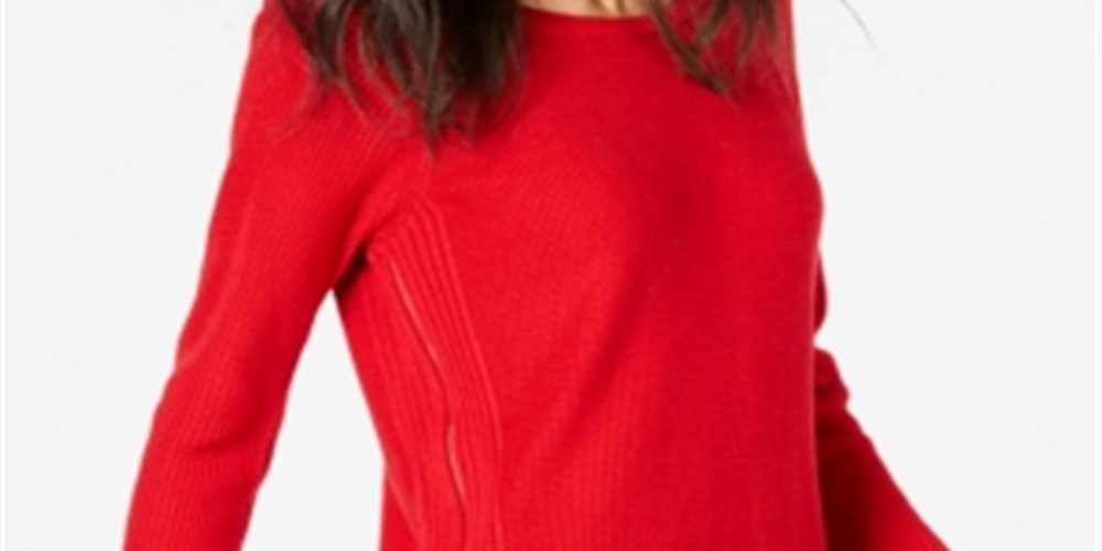 INC International Concepts Women's Waffle Knit Side Zip Tunic Sweater Red Size Petite S/M