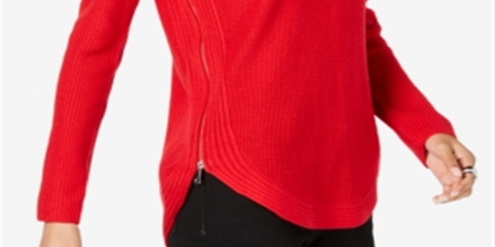 INC International Concepts Women's Waffle Knit Side Zip Tunic Sweater Red Size Petite S/M
