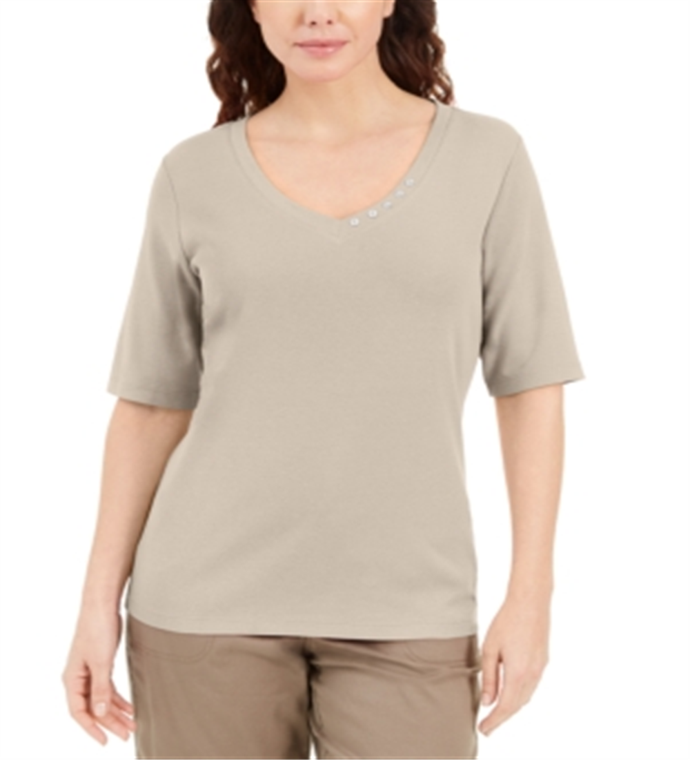 Karen Scott Women's Button Detail V Neck Top Brown Size X-Small