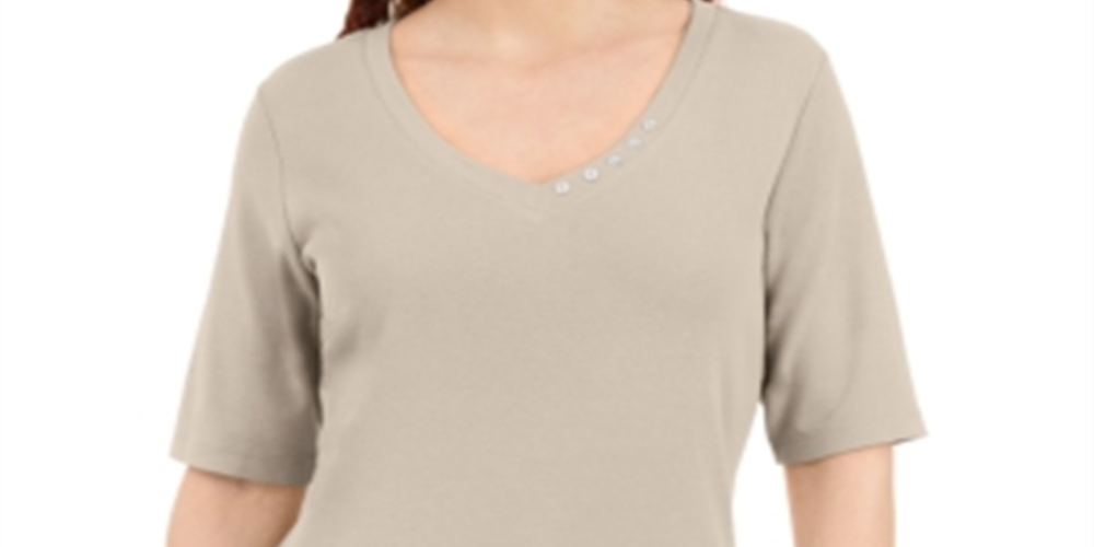 Karen Scott Women's Button Detail V Neck Top Brown Size X-Small