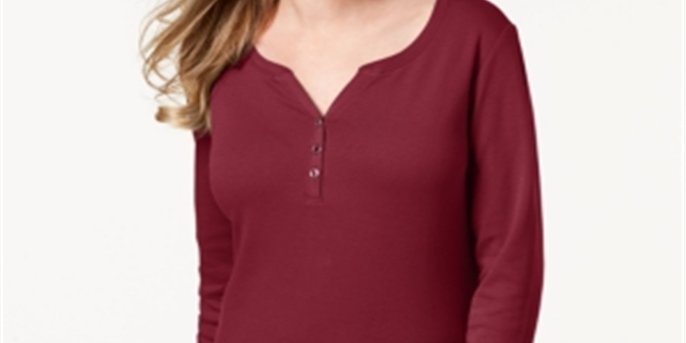 Karen Scott Women's Cotton Henley Neck Top Red Size Petite Small