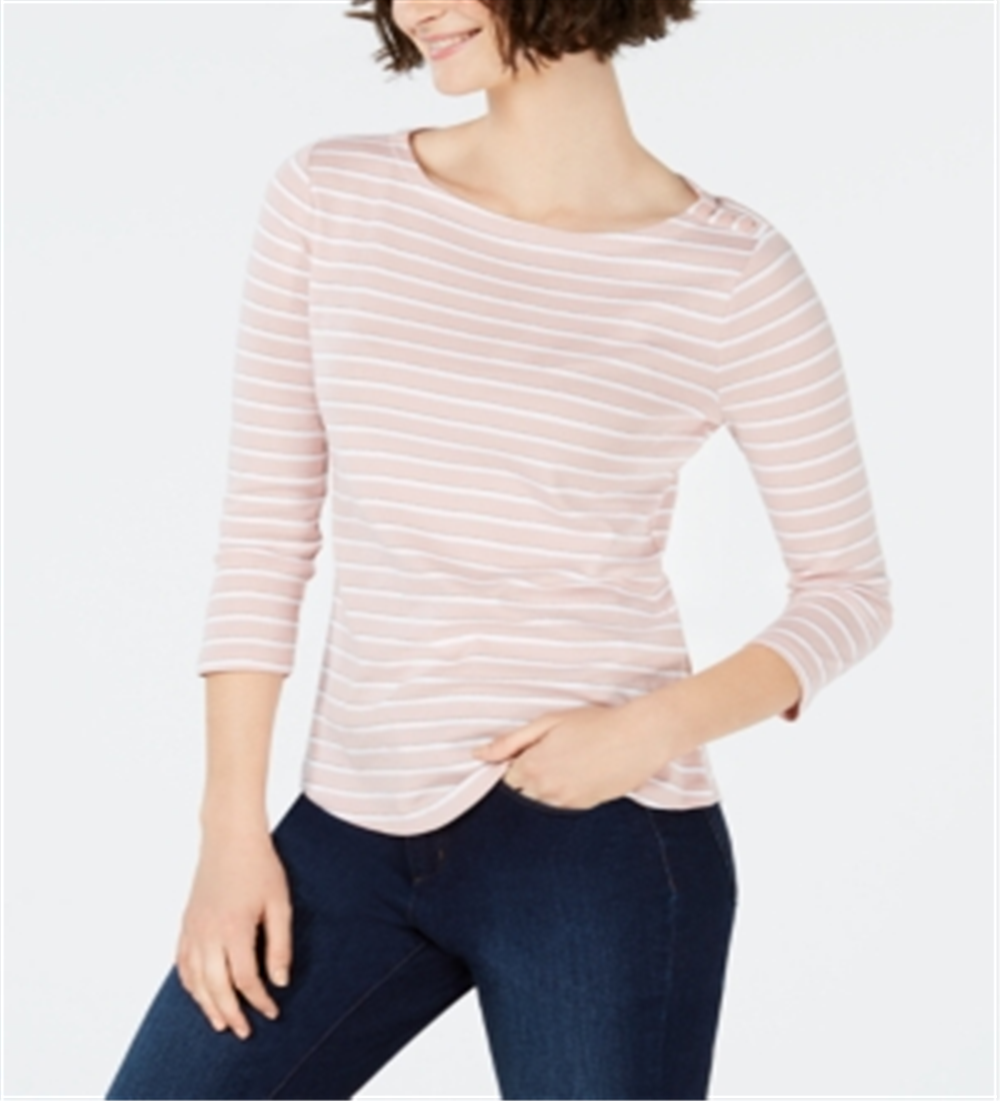 Charter Club Women's Cotton Striped Boat Neck Top Pink Size Petite Medium