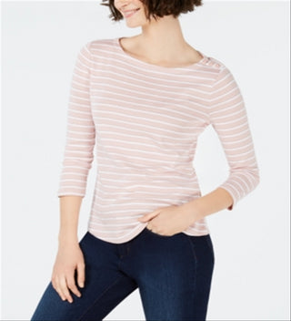 Charter Club Women's Cotton Striped Boat Neck Top Pink Size Petite Medium
