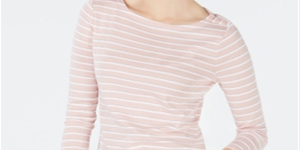 Charter Club Women's Cotton Striped Boat Neck Top Pink Size Petite Medium