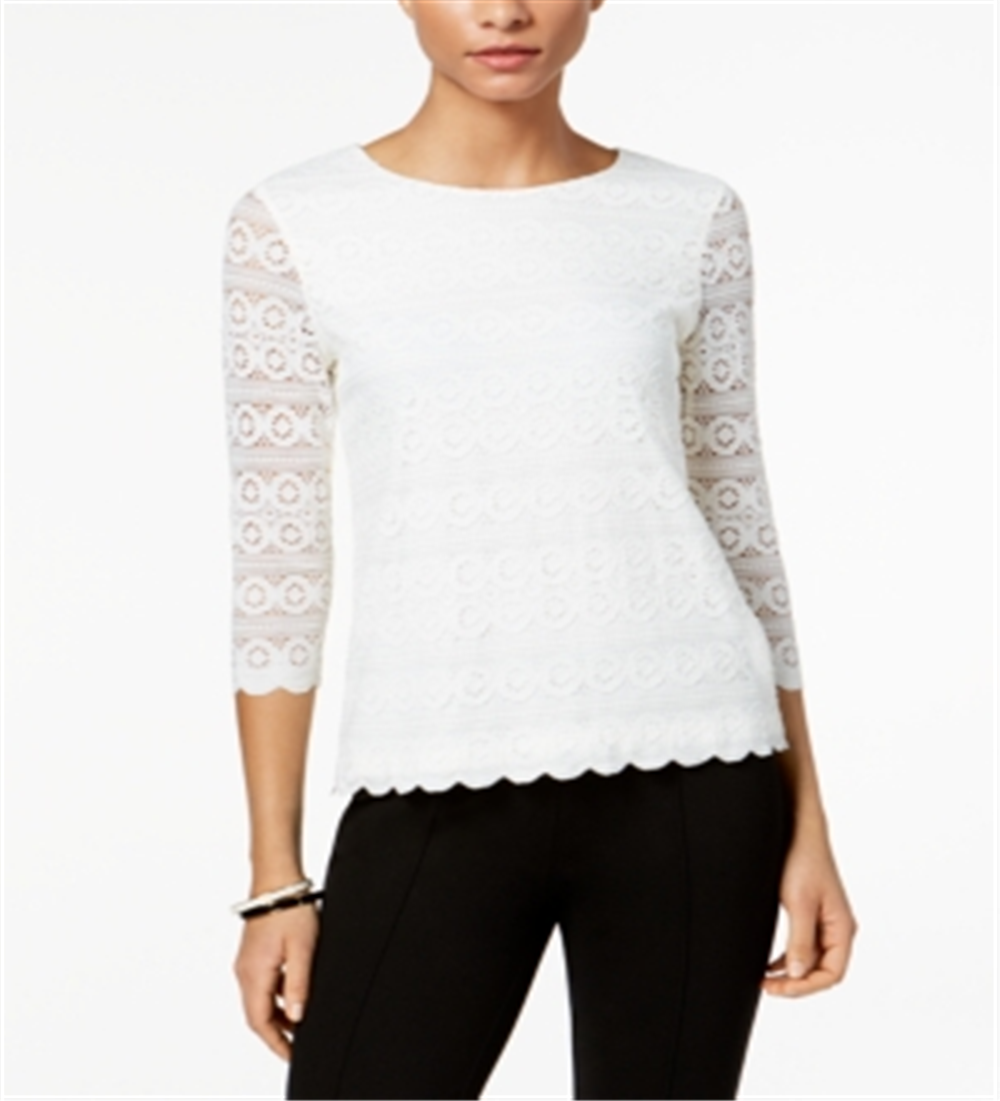 Charter Club Women's Lace 3/4 Sleeve Top White Size Petite Small