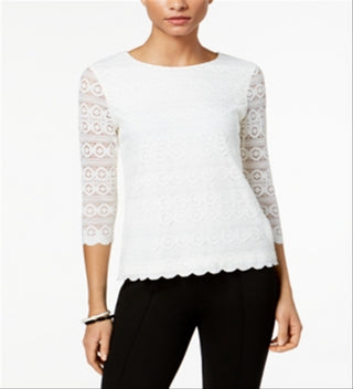 Charter Club Women's Lace 3/4 Sleeve Top White Size Petite Small