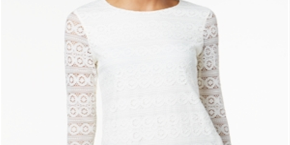 Charter Club Women's Lace 3/4 Sleeve Top White Size Petite Small