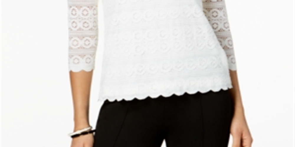 Charter Club Women's Lace 3/4 Sleeve Top White Size Petite Small