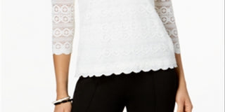 Charter Club Women's Lace 3/4 Sleeve Top White Size Petite Small