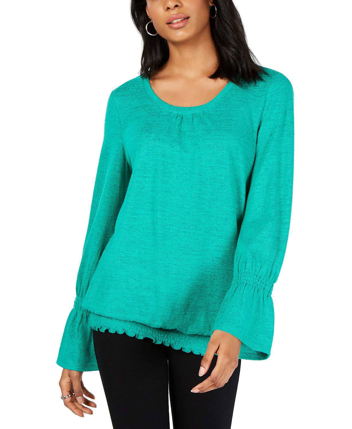 Style & Co Women's Smocked Hem Top Peacock Green Size Small