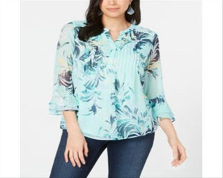 Charter Club Women's Double-Ruffle Top Blue Size Petite Small