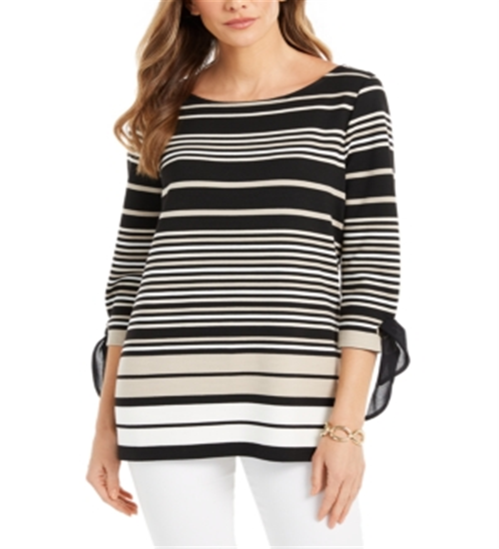 Charter Club Women's Striped Tie Sleeve Top Black Size Small