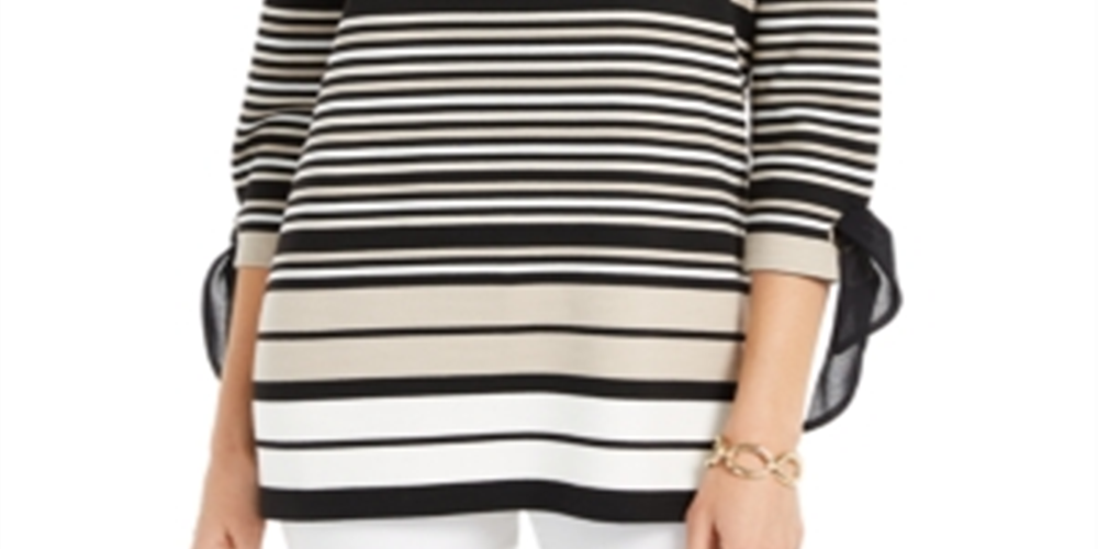 Charter Club Women's Striped Tie Sleeve Top Black Size Small