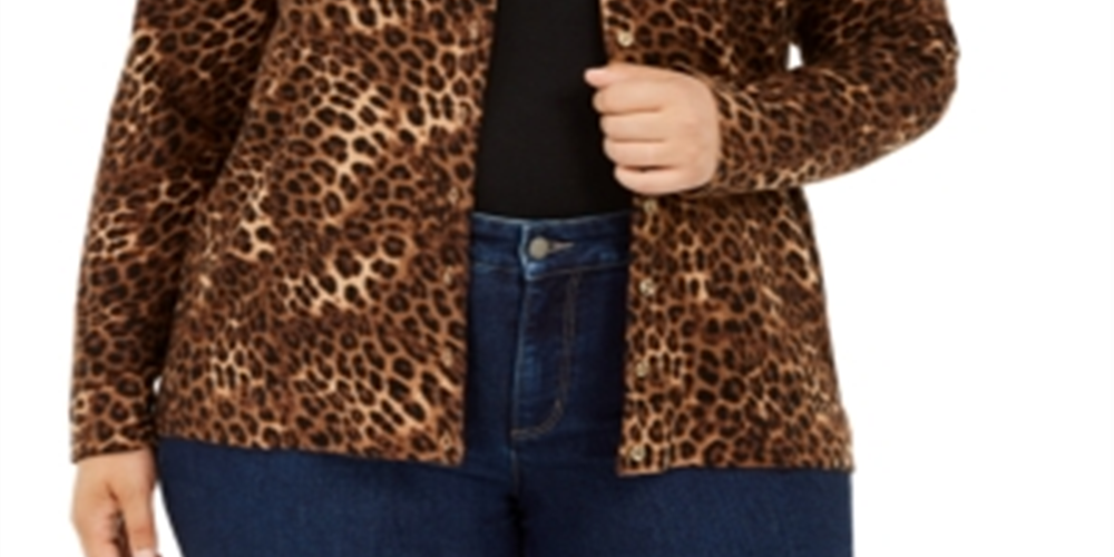 Charter Club Women's Plus Animal Print Cardigan Sweater Taupe Leopard Size 0X