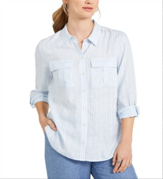 Charter Club Women's Striped Blouse Blue Size Petite Medium