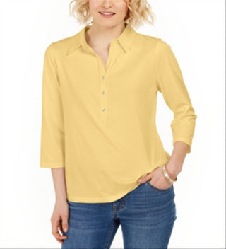Charter Club Women's Supima Cotton 3/4-Sleeve Polo  Yellow Size XS