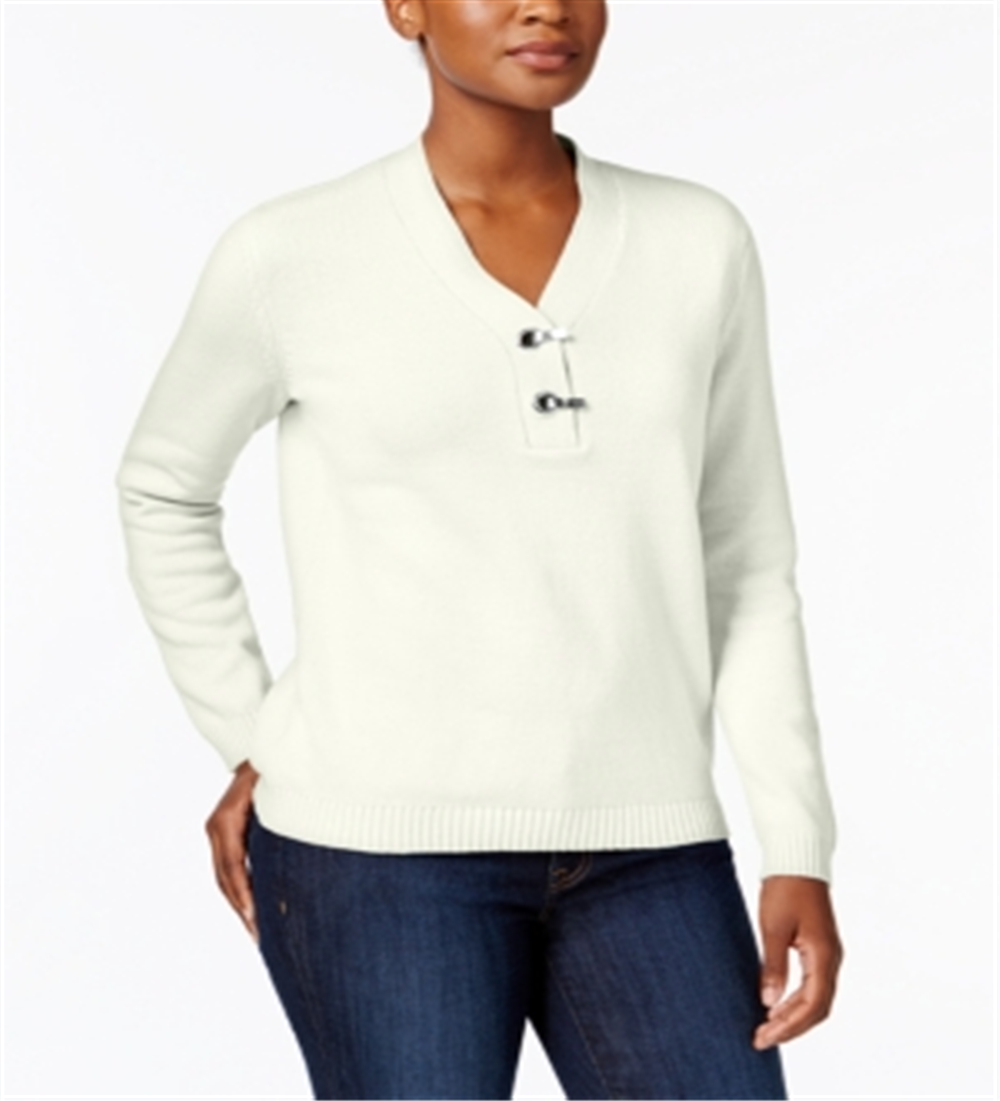 Karen Scott Women's Hardware V Neck Cotton Sweater White Size X-Small