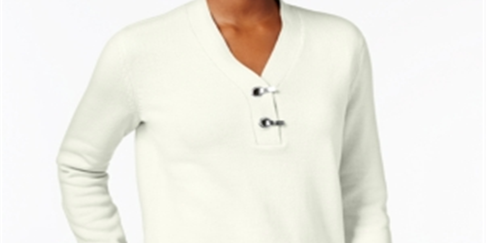 Karen Scott Women's Hardware V Neck Cotton Sweater White Size X-Small