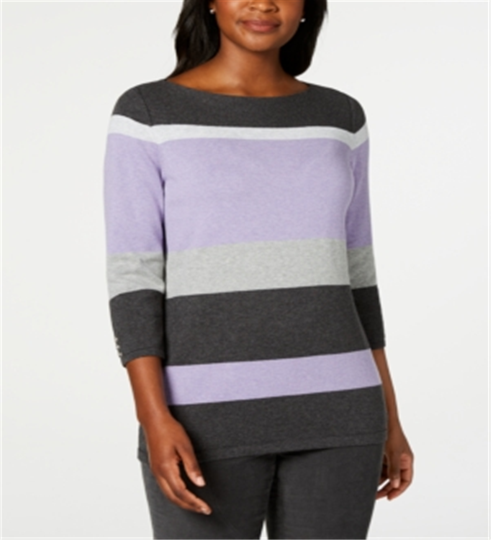 Karen Scott Women's Cotton Striped Sweater Purple Size Petite S