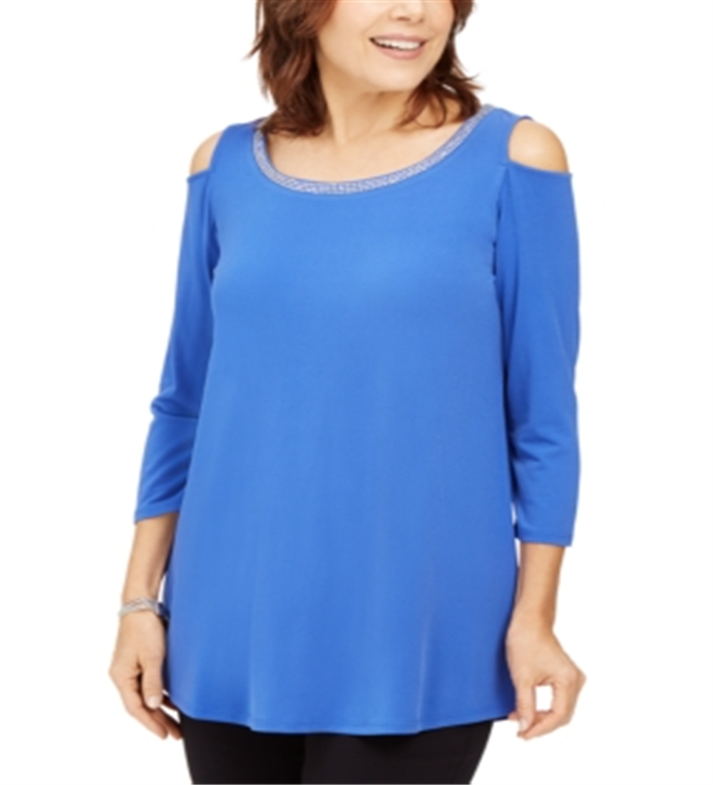 JM Collection Women's Embellished Cold Shoulder Top Blue Size Large