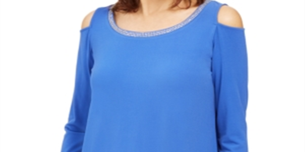 JM Collection Women's Embellished Cold Shoulder Top Blue Size Large