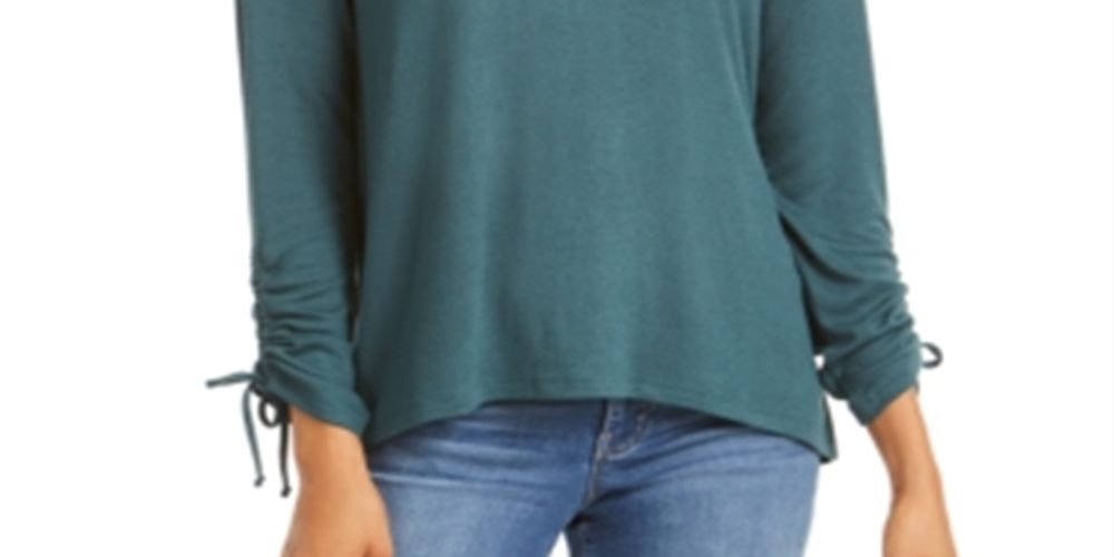 Style & Co Women's Drawstring Tie Cuff Top Green Size Petite M