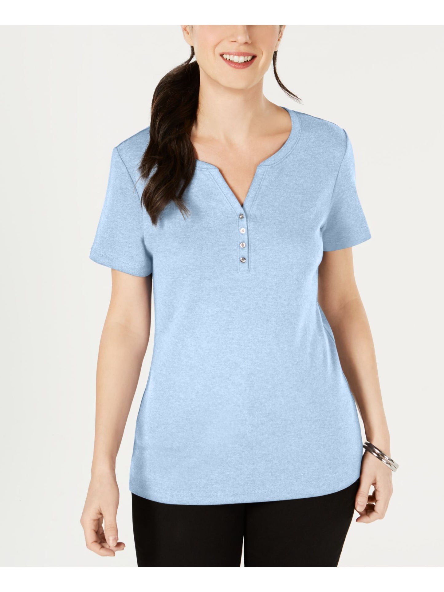 Karen Scott Women's Short Sleeve Henley Top Blue Size Large