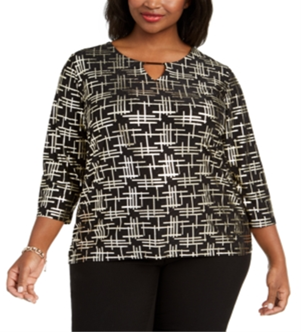 JM Collection Women's Plus Printed Jacquard Top Black - Gold Size 0X