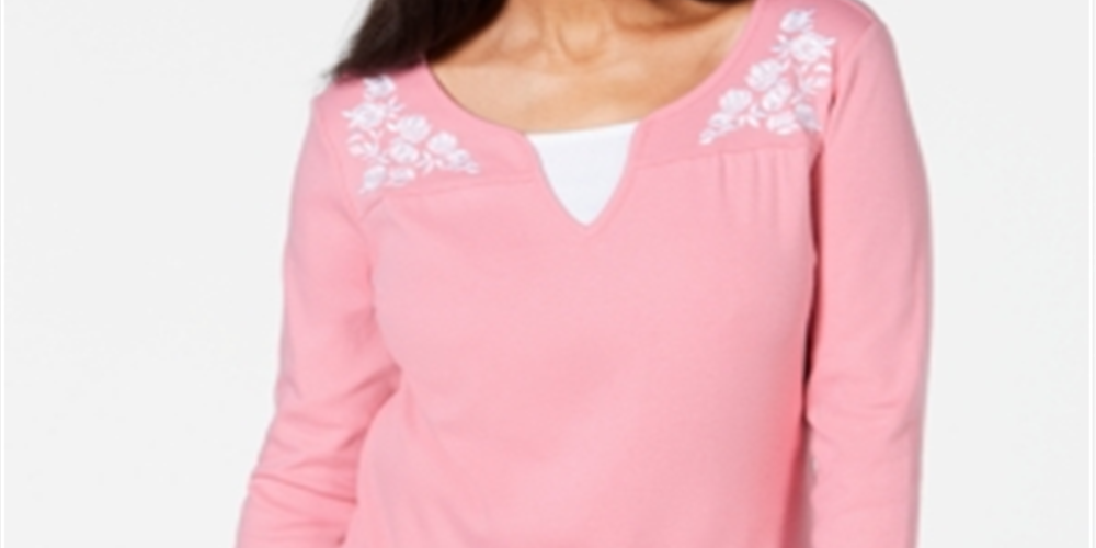 Karen Scott Women's Embroidered Cotton Layered Look Top Pink Size Medium