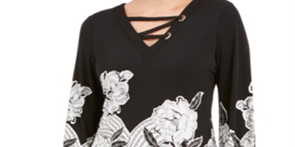 JM Collection Women's Laced Grommet Neck Top Black Size Medium