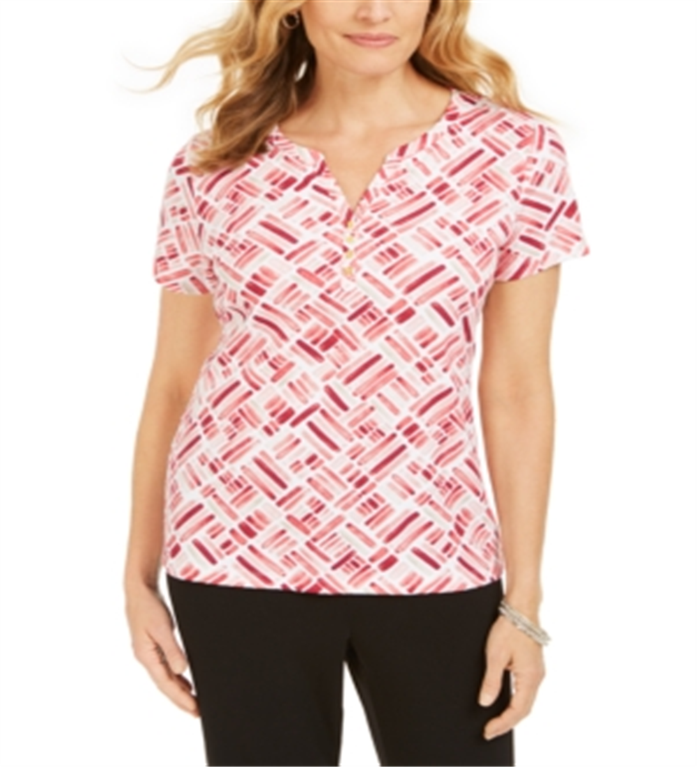 Karen Scott Women's Printed Short Sleeve Henley Top Orange Size Large