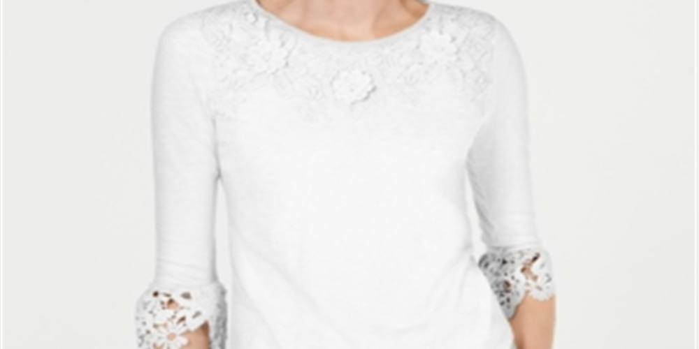 Charter Club Women's Bell Sleeve Embroidered Top White Size Petite S
