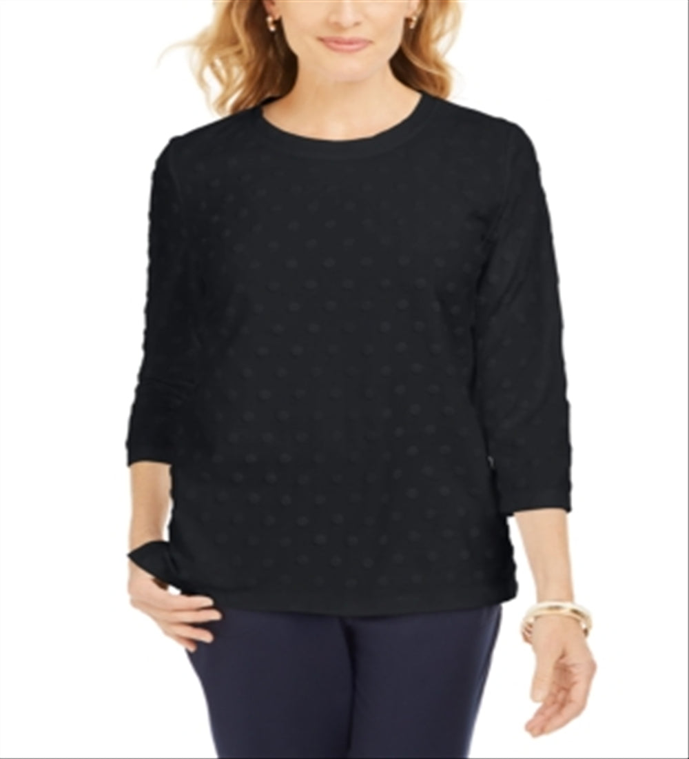 Karen Scott Women's Sport Textured Dot 3/4 Sleeve Top Black Size Small