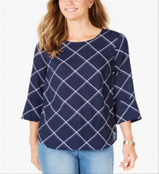 Charter Club Women's Printed 3/4 Sleeve Top Blue Size Small