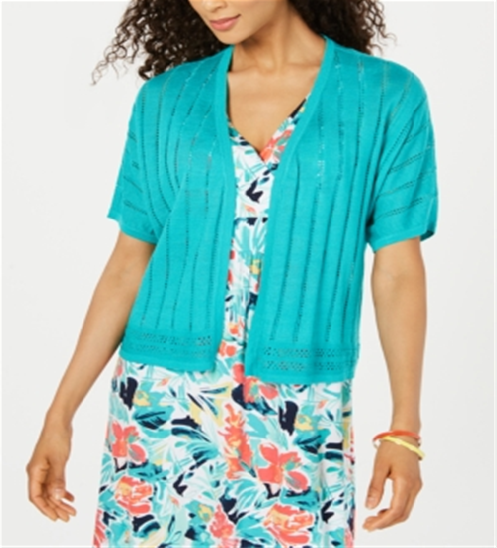 Charter Club Women's Pointelle Pattern Open Front Cardigan Blue Size Large