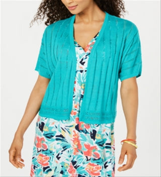 Charter Club Women's Pointelle Pattern Open Front Cardigan Blue Size Large