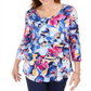 JM Collection Women's Ascension Flora Printed 3/4 Sleeve T-Shirt Blue Size X-Small