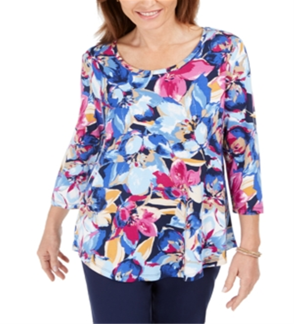 JM Collection Women's Ascension Flora Printed 3/4 Sleeve T-Shirt Blue Size X-Small