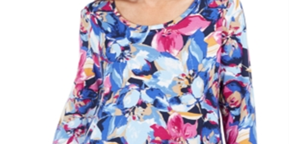 JM Collection Women's Ascension Flora Printed 3/4 Sleeve T-Shirt Blue Size X-Small