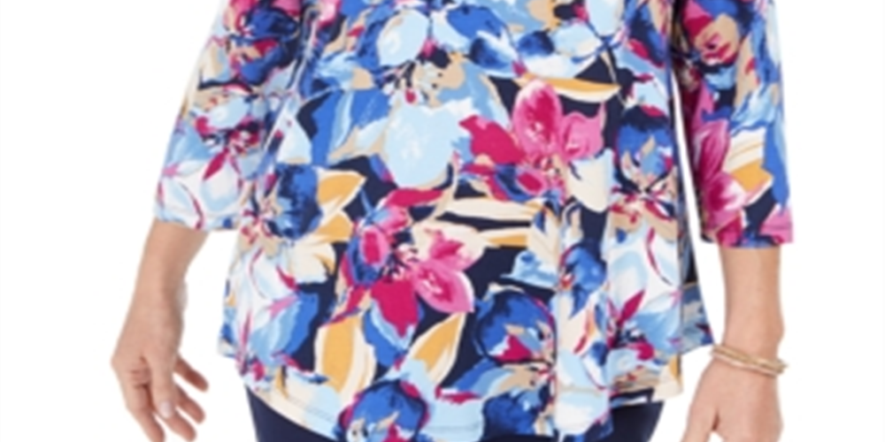 JM Collection Women's Ascension Flora Printed 3/4 Sleeve T-Shirt Blue Size X-Small