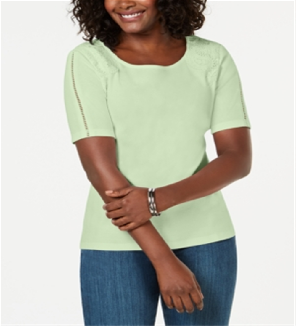 Karen Scott Women's Cotton Lace Applique T-Shirt Aloe Green Size -Petite L