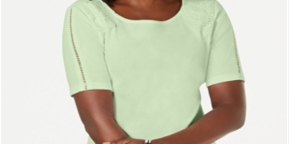 Karen Scott Women's Cotton Lace Applique T-Shirt Aloe Green Size -Petite L