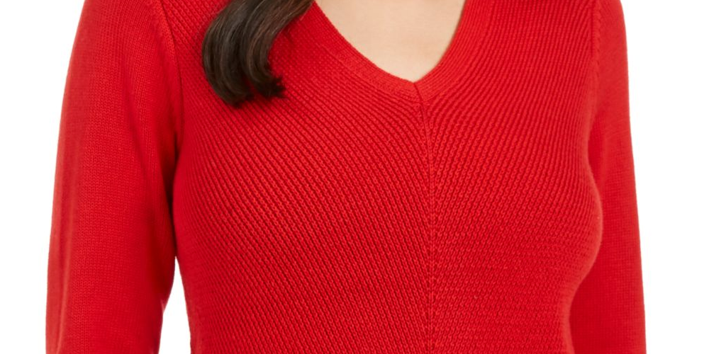 Charter Club Women's Ribbed Solid Long Sleeve V Neck T-Shirt Sweater Red Size Petite Small