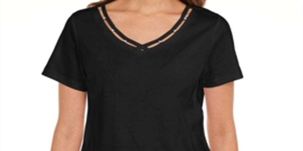 Karen Scott Women's Cotton Open Trim V Neck T-Shirt Black  Size XS