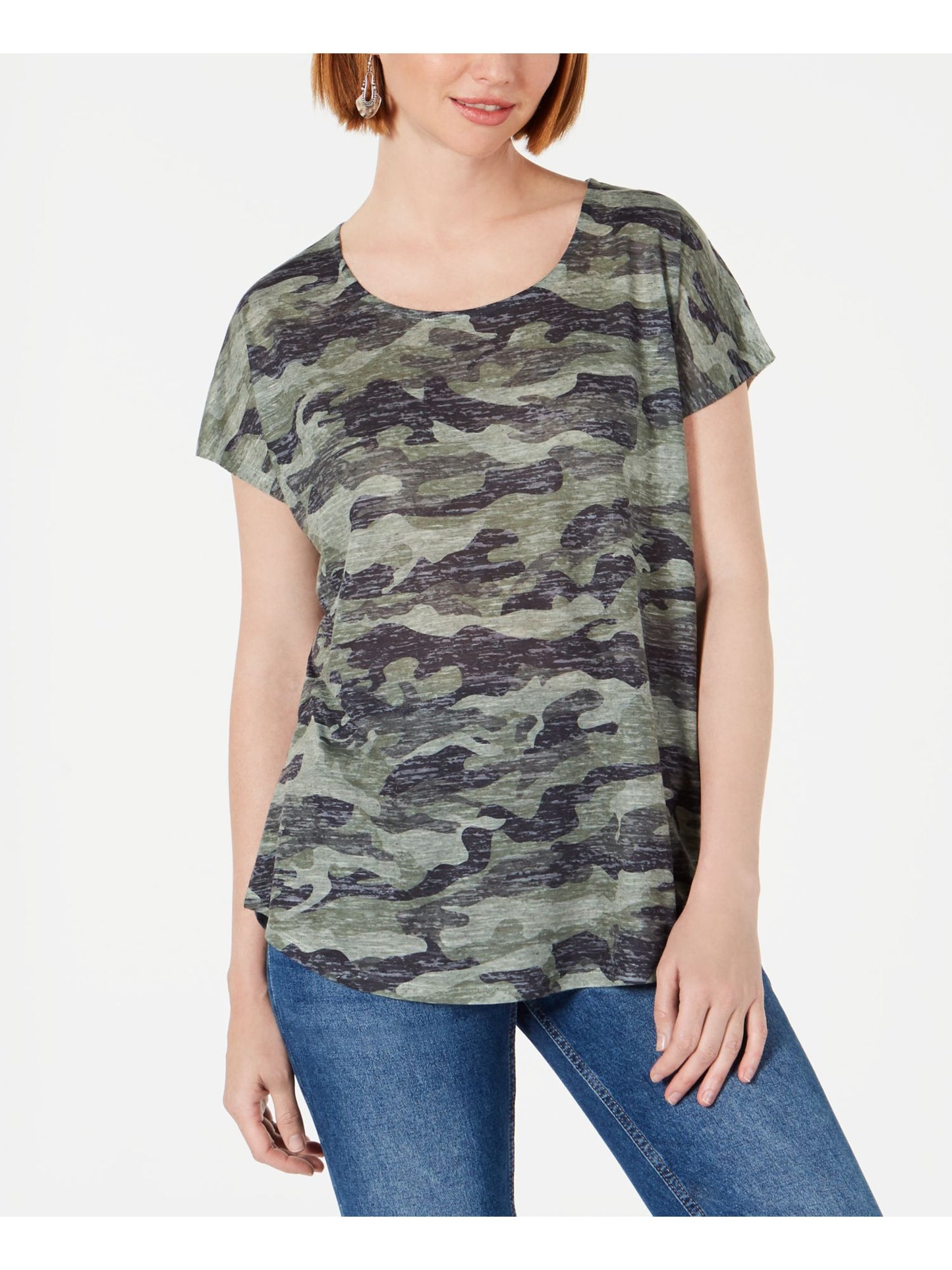 Style & Co Women's Camouflage Scoop Neck T-Shirt Green Size Medium
