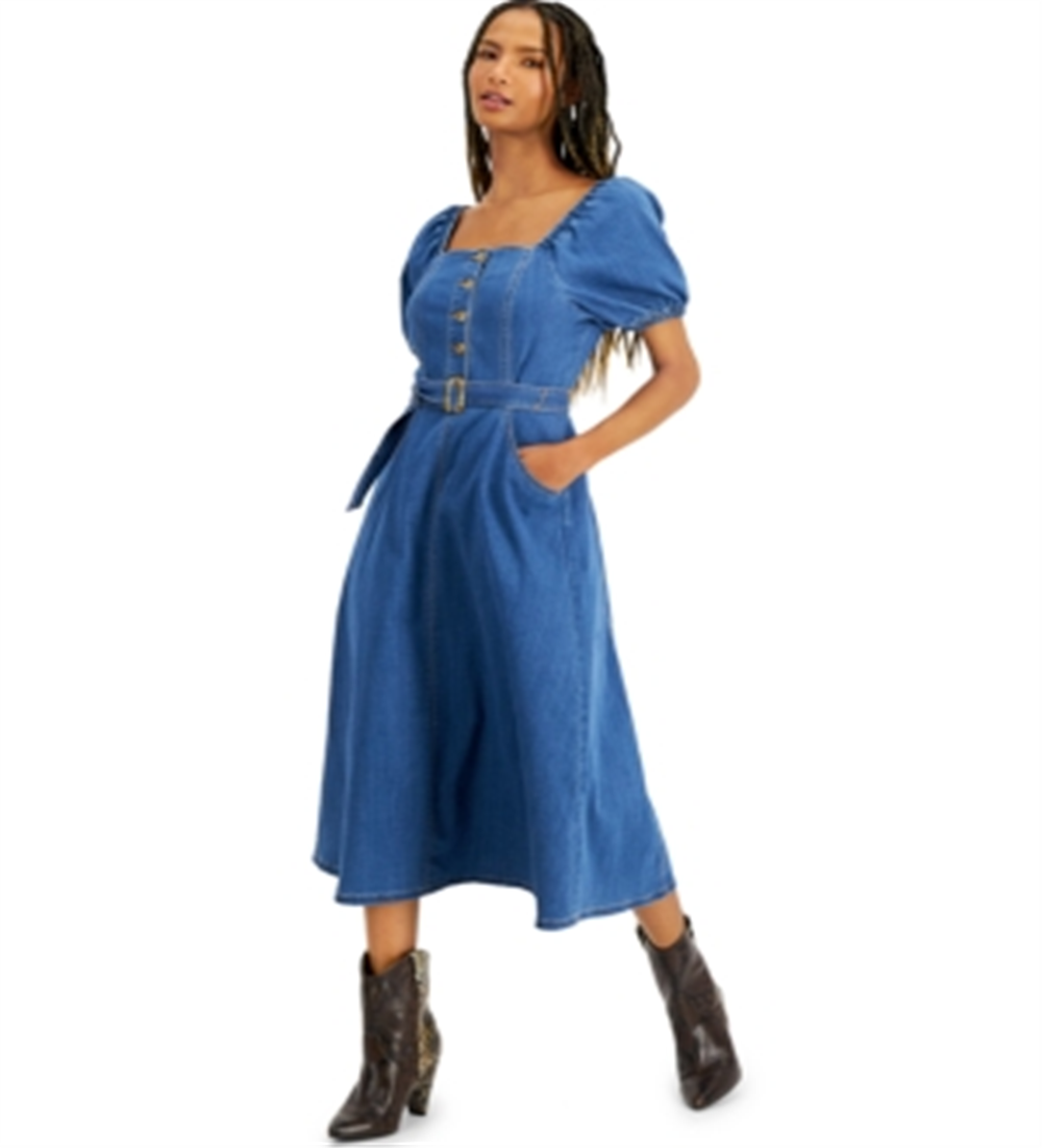 INC International Concepts Women's Smocked Denim MIDI Dress Blue Size 16